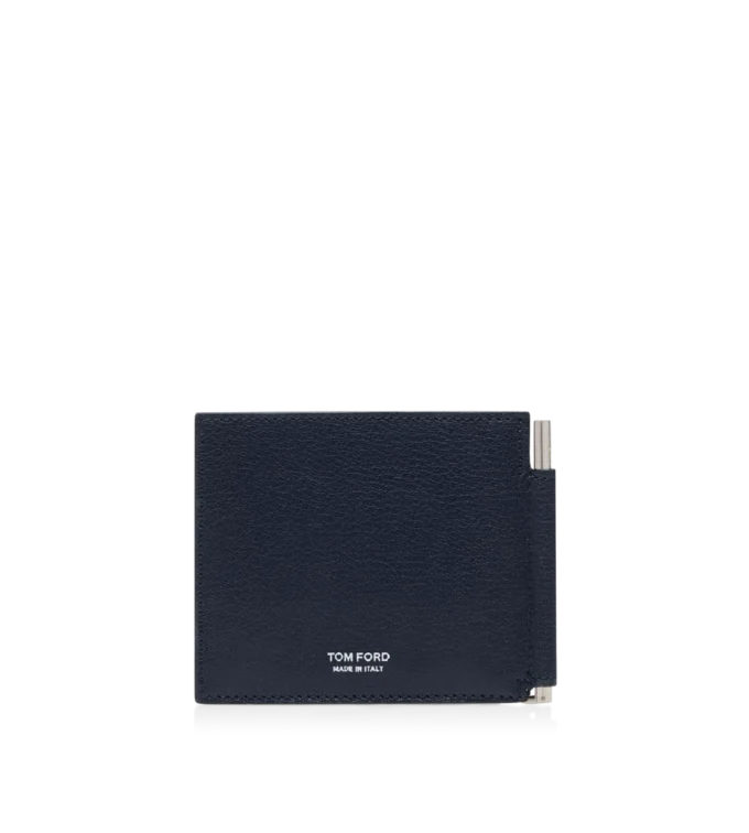 Supple Grain Leather Elongated T Line Money Clip Wallet