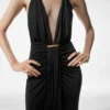 V-Neck Cocktail Dress with Draped Waterfall Centre Front Detail