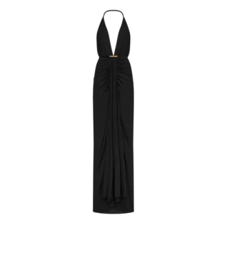 V-Neck Evening Dress with Draped Waterfall Detail