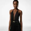 V-Neck Evening Dress with Draped Waterfall Detail