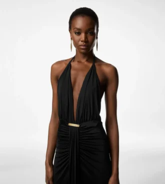 V-Neck Evening Dress with Draped Waterfall Detail