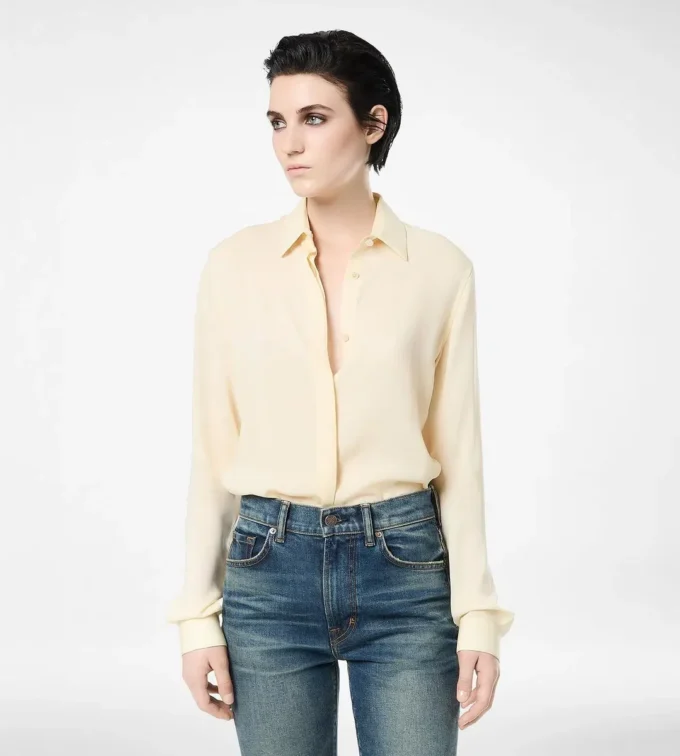 Washed Silk Georgette Shirt with Tonal Tf Embroidered Logo