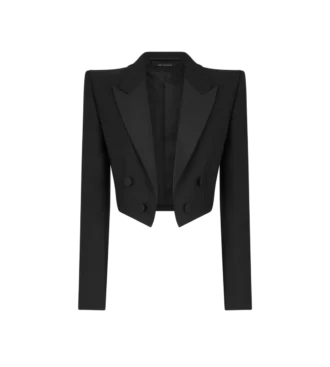 Wool Silk Blend Double Breasted Cropped Tuxedo Jacket