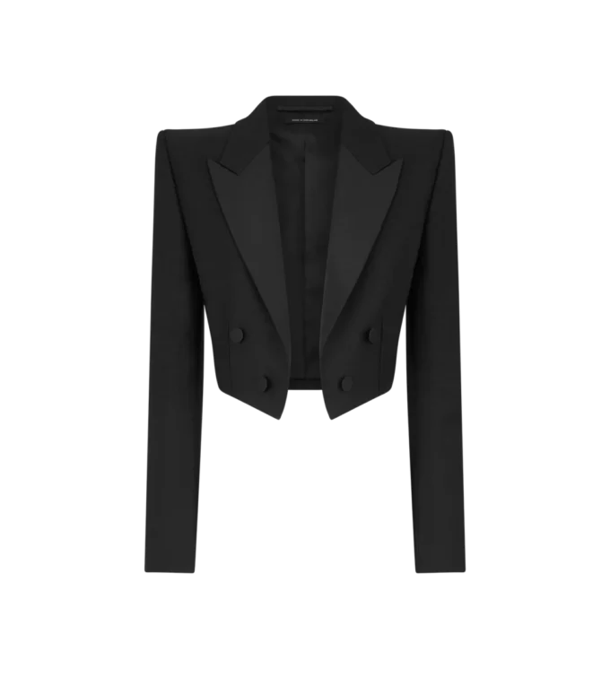Wool Silk Blend Double Breasted Cropped Tuxedo Jacket Wool Silk Blend Double Breasted Cropped Tuxedo Jacket