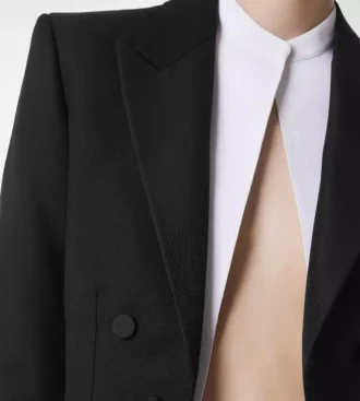 Wool Silk Blend Double Breasted Cropped Tuxedo Jacket